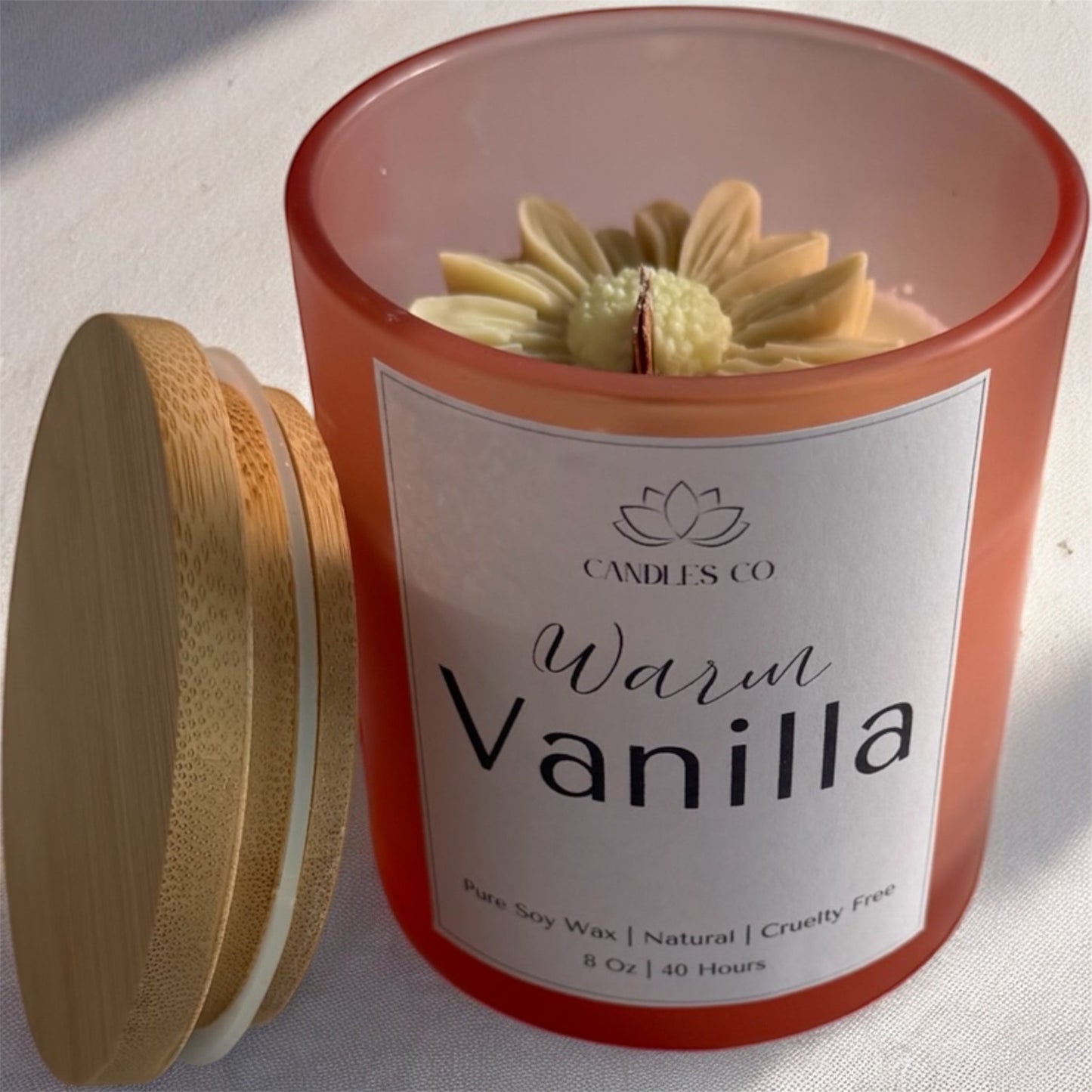 8 oz Soy Wax Candle in a Frosted Pink Jar with Bamboo Lid - Candles Co.