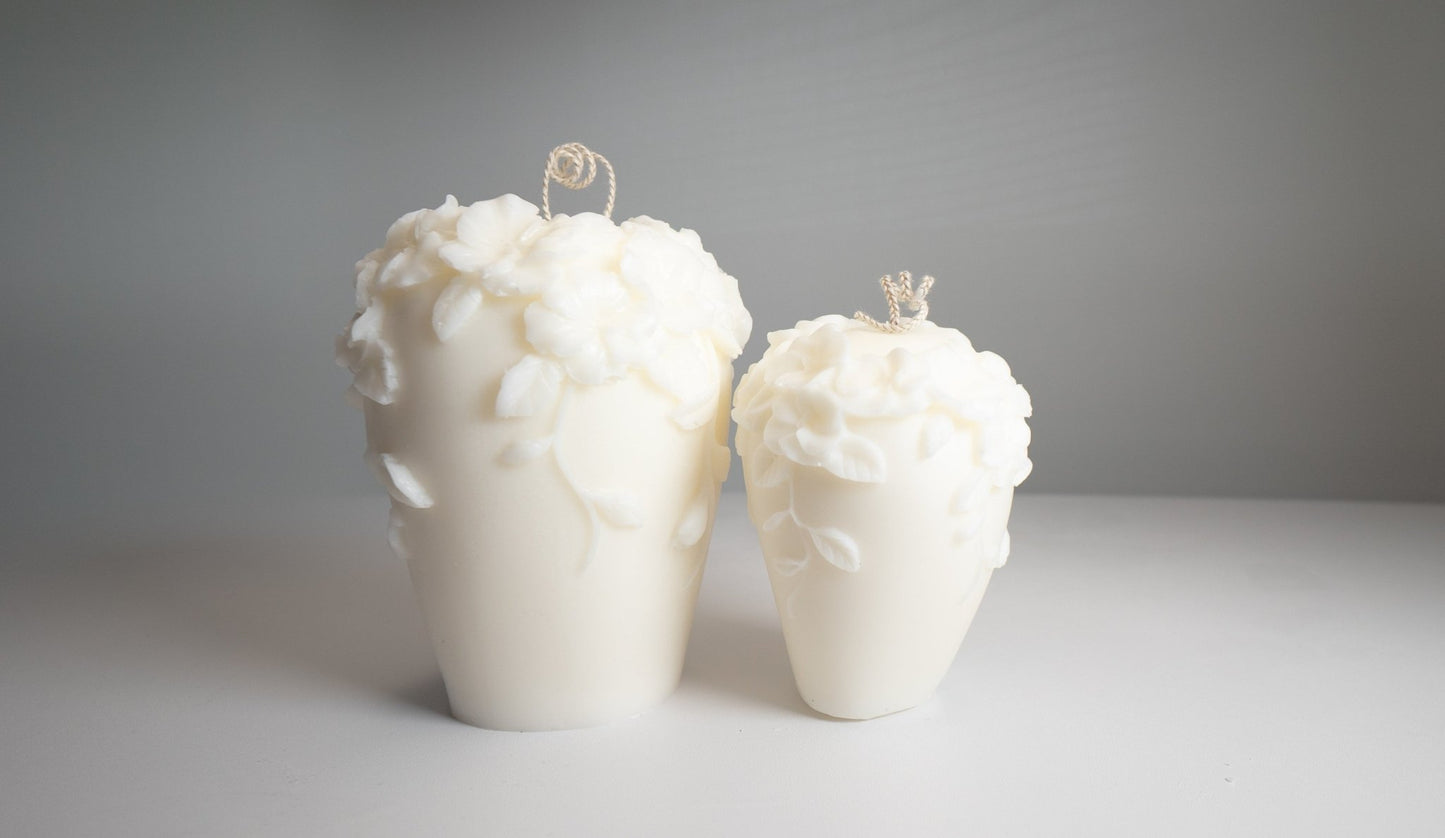 Short Floral Pillar Candle – Handcrafted Soy Wax with Embossed Gardenia Vine Flowers - Candles Co.