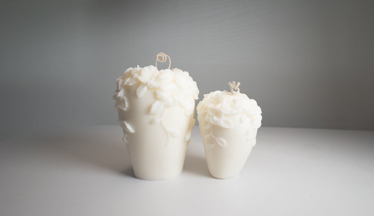 Short Floral Pillar Candle – Handcrafted Soy Wax with Embossed Gardenia Vine Flowers - Candles Co.
